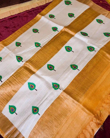 Hand - Painted Peacock Kosa Silk Saree – Ivory & Gold (Silk Mark Certified) - Kanishk Silk