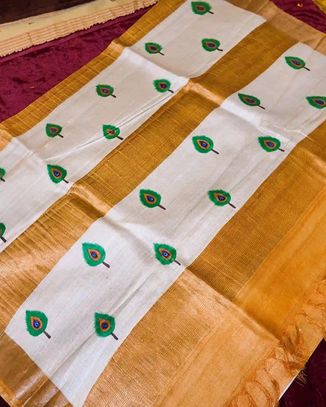 Hand - Painted Peacock Kosa Silk Saree – Ivory & Gold (Silk Mark Certified) - Kanishk Silk