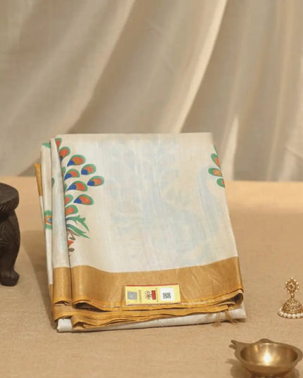 Hand - Painted Peacock Kosa Silk Saree – Ivory & Gold (Silk Mark Certified) - Kanishk Silk