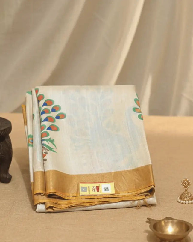 Hand - Painted Peacock Kosa Silk Saree – Ivory & Gold (Silk Mark Certified) - Kanishk Silk