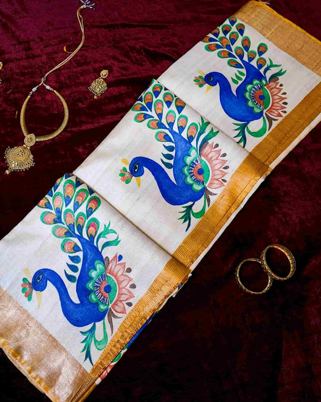 Hand - Painted Peacock Kosa Silk Saree – Ivory & Gold (Silk Mark Certified) - Kanishk Silk