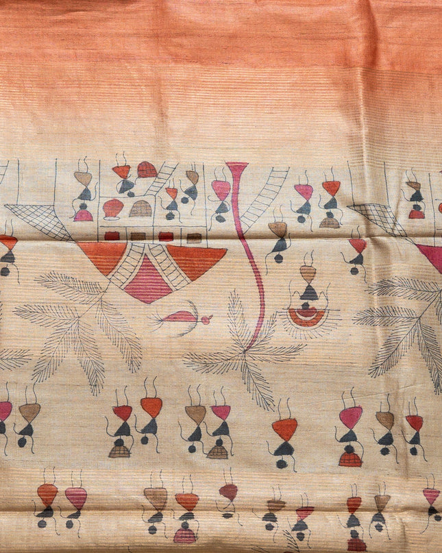 Handpainted Tribal Art Bronze Pure Kosa Silk Saree with Blouse (Silk Mark Certified) - Kanishk Silk