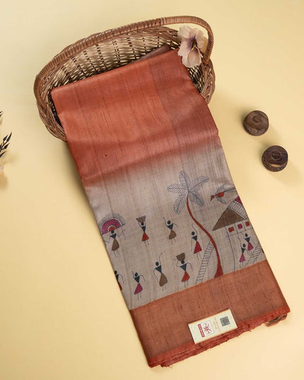 Handpainted Tribal Art Bronze Pure Kosa Silk Saree with Blouse (Silk Mark Certified) - Kanishk Silk