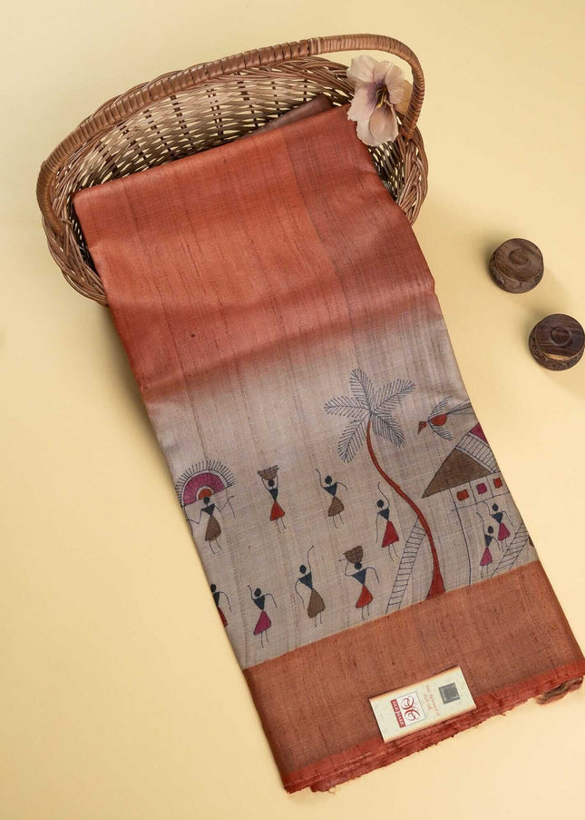 Handpainted Tribal Art Bronze Pure Kosa Silk Saree with Blouse (Silk Mark Certified) - Kanishk Silk