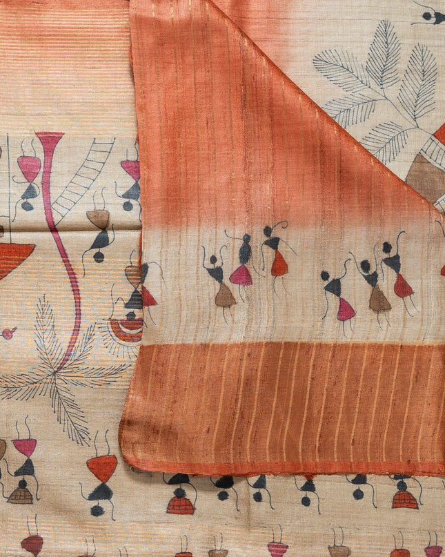 Handpainted Tribal Art Bronze Pure Kosa Silk Saree with Blouse (Silk Mark Certified) - Kanishk Silk