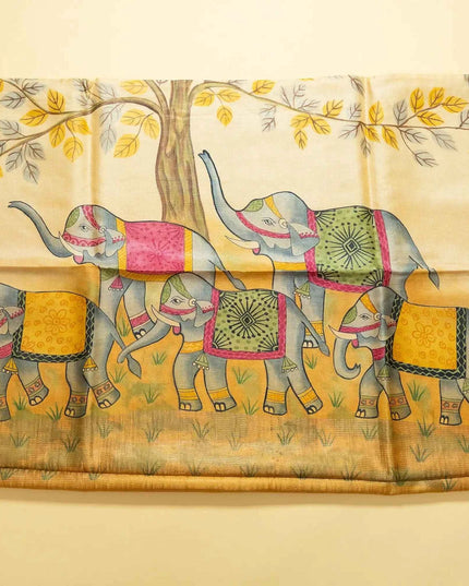 Handpainted Yellow Pue Kosa Silk Elephant Theme Saree (Silk Mark Certified) - Kanishk Silk
