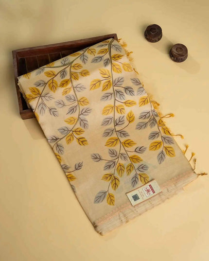Handpainted Yellow Pue Kosa Silk Elephant Theme Saree (Silk Mark Certified) - Kanishk Silk