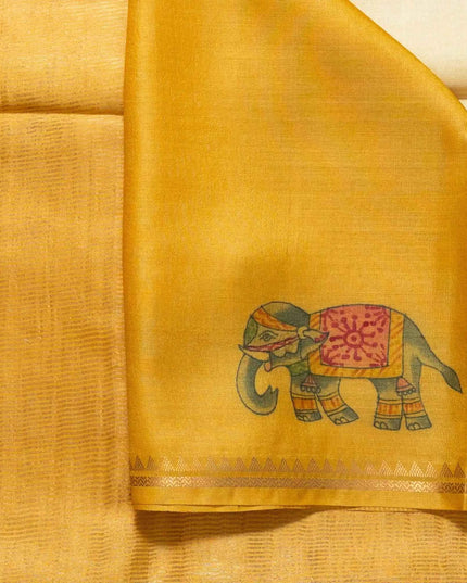 Handpainted Yellow Pue Kosa Silk Elephant Theme Saree (Silk Mark Certified) - Kanishk Silk