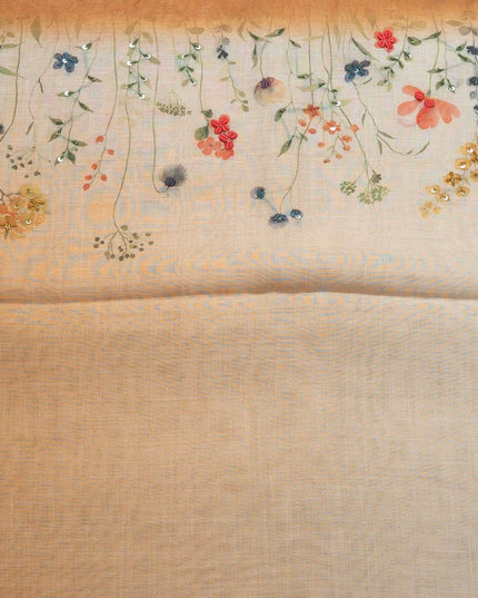 Ivory Chanderi Saree With Hand - Painted Floral Border (Silk Mark Certified) - Kanishk Silk