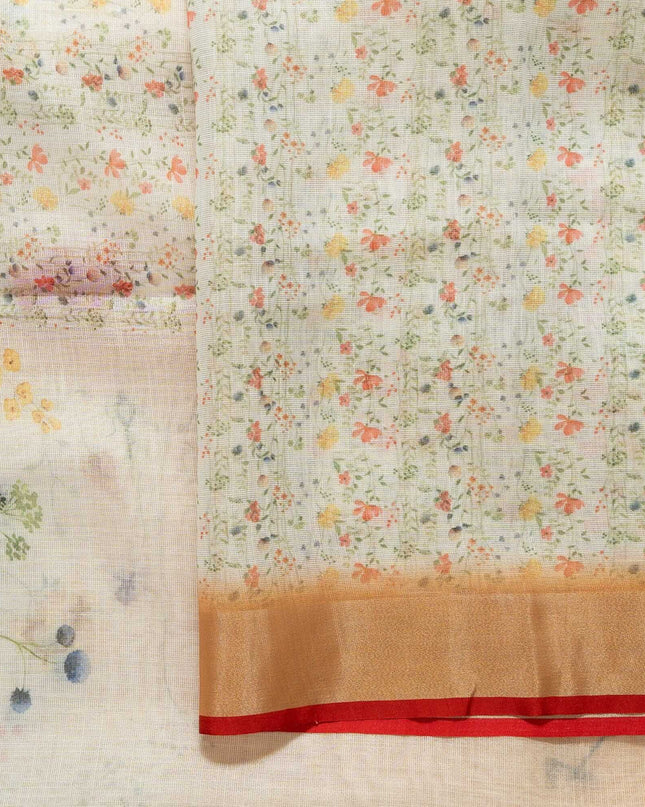 Ivory Chanderi Saree With Hand - Painted Floral Border (Silk Mark Certified) - Kanishk Silk