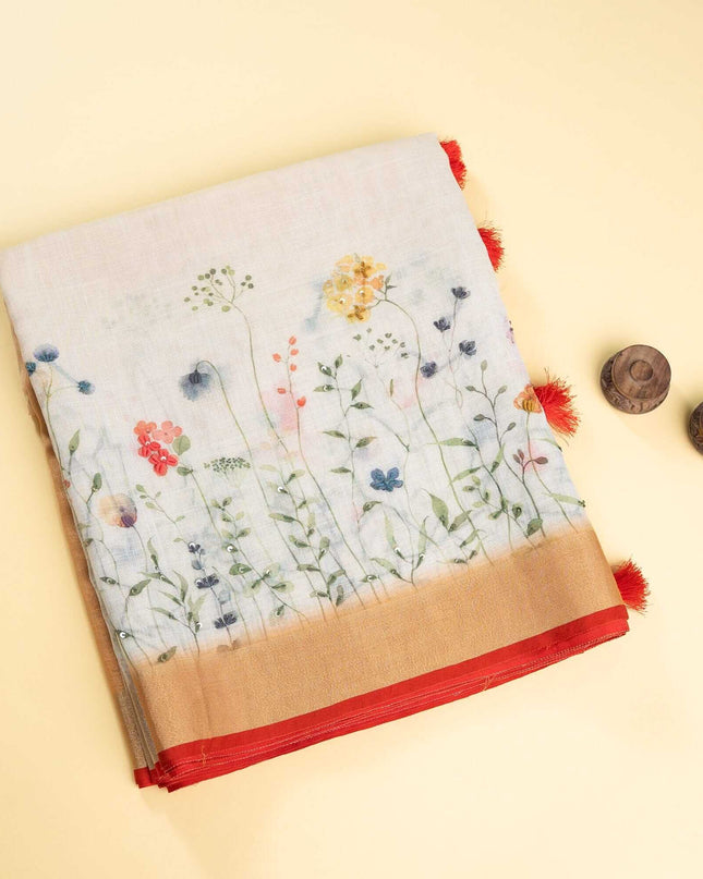 Ivory Chanderi Saree With Hand - Painted Floral Border (Silk Mark Certified) - Kanishk Silk