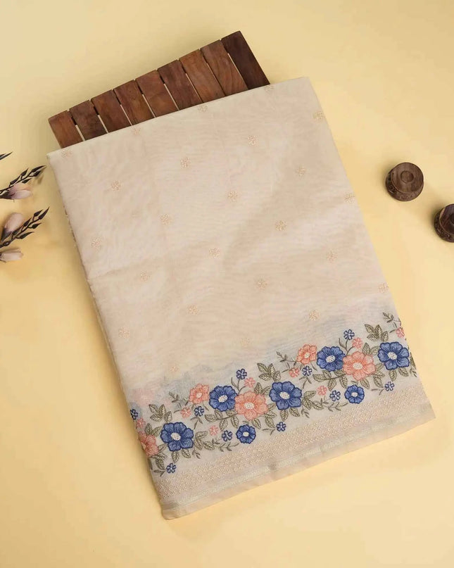 Ivory Kosa Silk Saree With Embroidered Floral Border - Kanishk Silk