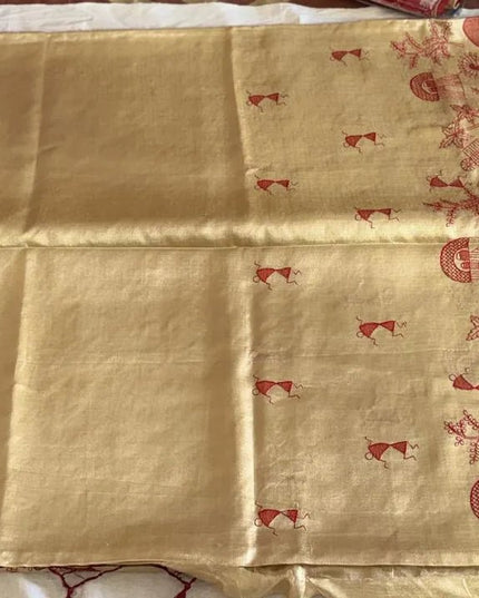 Light Golden Kosa Silk Blend Saree With Tribal Art Print with Blouse - Kanishk Silk