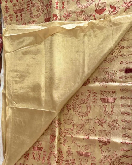 Light Golden Kosa Silk Blend Saree With Tribal Art Print with Blouse - Kanishk Silk