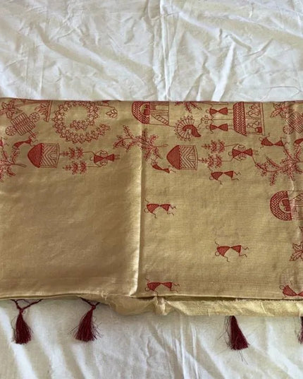 Light Golden Kosa Silk Blend Saree With Tribal Art Print with Blouse - Kanishk Silk