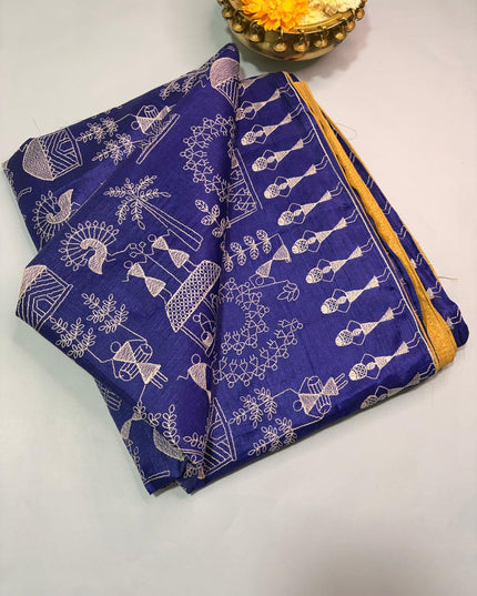 Light Golden Kosa Silk Blend Saree With Tribal Art Print with Blouse - Kanishk Silk
