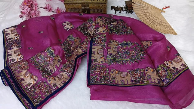 Magenta Pure Kosa Silk Saree with Elephant Motif Border with Blouse (Silk Mark Certified) - Kanishk Silk