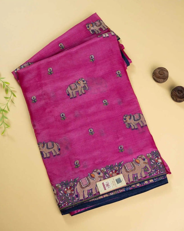 Magenta Pure Kosa Silk Saree with Elephant Motif Border with Blouse (Silk Mark Certified) - Kanishk Silk