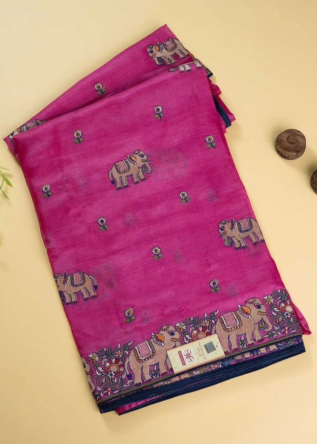 Magenta Pure Kosa Silk Saree with Elephant Motif Border with Blouse (Silk Mark Certified) - Kanishk Silk