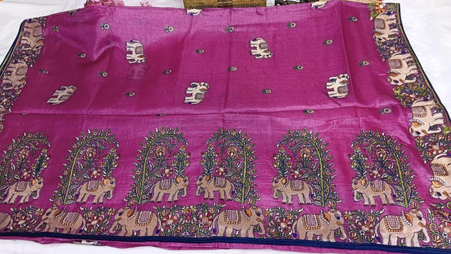 Magenta Pure Kosa Silk Saree with Elephant Motif Border with Blouse (Silk Mark Certified) - Kanishk Silk