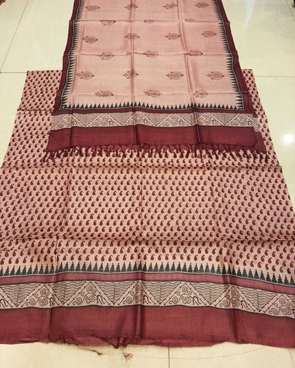 Maroon Pure Kosa Silk Kurti & Dupatta Set With Buti Print and Border Design - Kanishk Silk