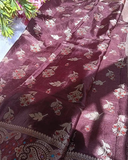 Maroon Pure Kosa Silk Saree with Golden Zari Weaving with blouse (Silk Mark certified) - Kanishk Silk