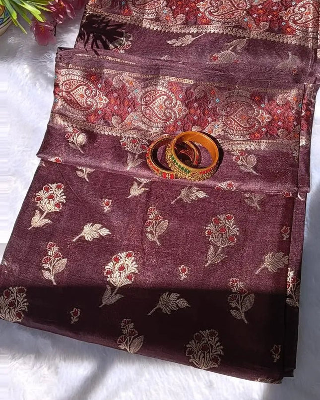 Maroon Pure Kosa Silk Saree with Golden Zari Weaving with blouse (Silk Mark certified) - Kanishk Silk