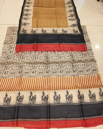 Multi - Color Pure Kosa Silk Kurti & Dupatta Set With Tribal Printed Border - Kanishk Silk
