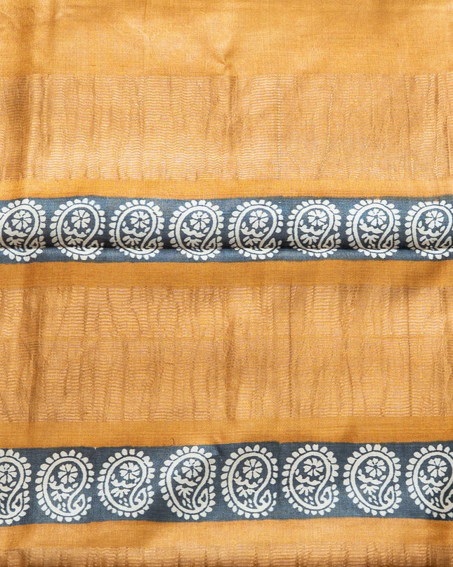 Mustard Block Printed & Tusshar Zari border Saree with Blouse (Silk Mark certified) - Kanishk Silk