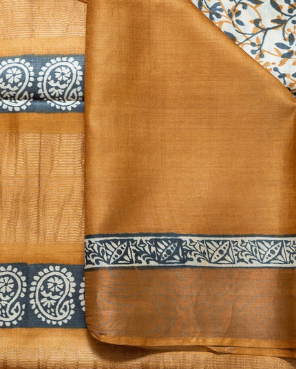 Mustard Block Printed & Tusshar Zari border Saree with Blouse (Silk Mark certified) - Kanishk Silk