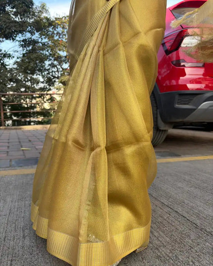 Mustard Gold Kosa Silk Blend Saree With Textured Weave And Tassel Pallu - Kanishk Silk