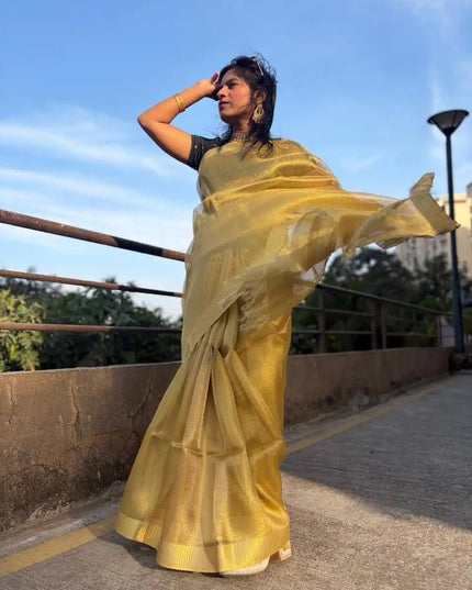Mustard Gold Kosa Silk Blend Saree With Textured Weave And Tassel Pallu - Kanishk Silk