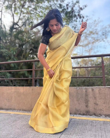 Mustard Gold Kosa Silk Blend Saree With Textured Weave And Tassel Pallu with Blouse - Kanishk Silk