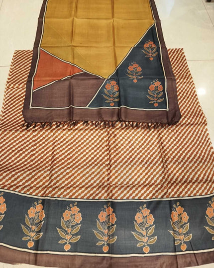 Mustard Pure Kosa Silk Kurti & Dupatta Set With Printed Panel Design - Kanishk Silk