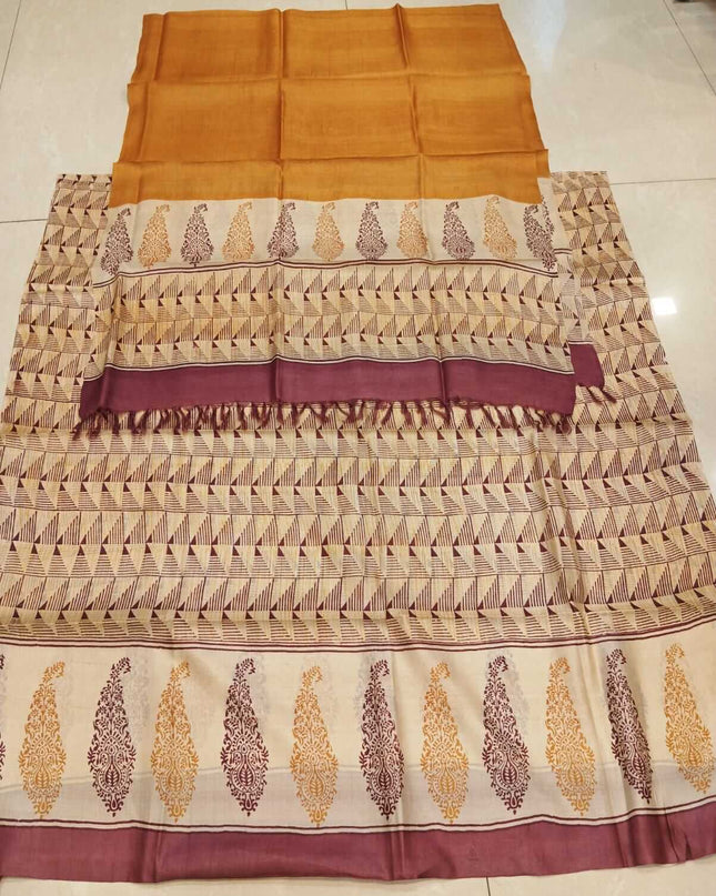 Mustard Pure Kosa Silk Kurti & Dupatta Set With Traditional Printed Border - Kanishk Silk