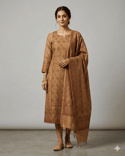 Mustard Pure Kosa Silk Kurti & Dupatta Set With Woven Motif Border - Kanishk Silk