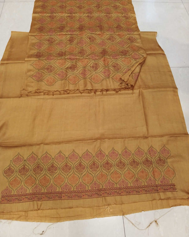 Mustard Pure Kosa Silk Kurti & Dupatta Set With Woven Motif Border - Kanishk Silk