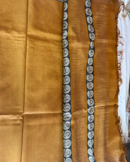 Mustard Pure Kosa Silk Saree with Block Print & Tussar Zari Border with Blouse (Silk Mark Certified) - Kanishk Silk