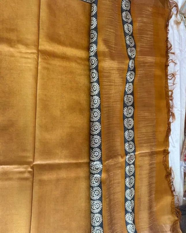 Mustard Pure Kosa Silk Saree with Block Print & Tussar Zari Border with Blouse (Silk Mark Certified) - Kanishk Silk