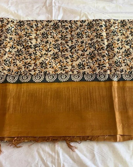 Mustard Pure Kosa Silk Saree with Block Print & Tussar Zari Border with Blouse (Silk Mark Certified) - Kanishk Silk
