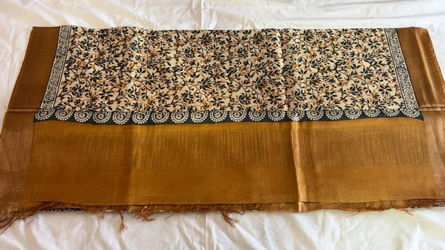 Mustard Pure Kosa Silk Saree with Block Print & Tussar Zari Border with Blouse (Silk Mark Certified) - Kanishk Silk