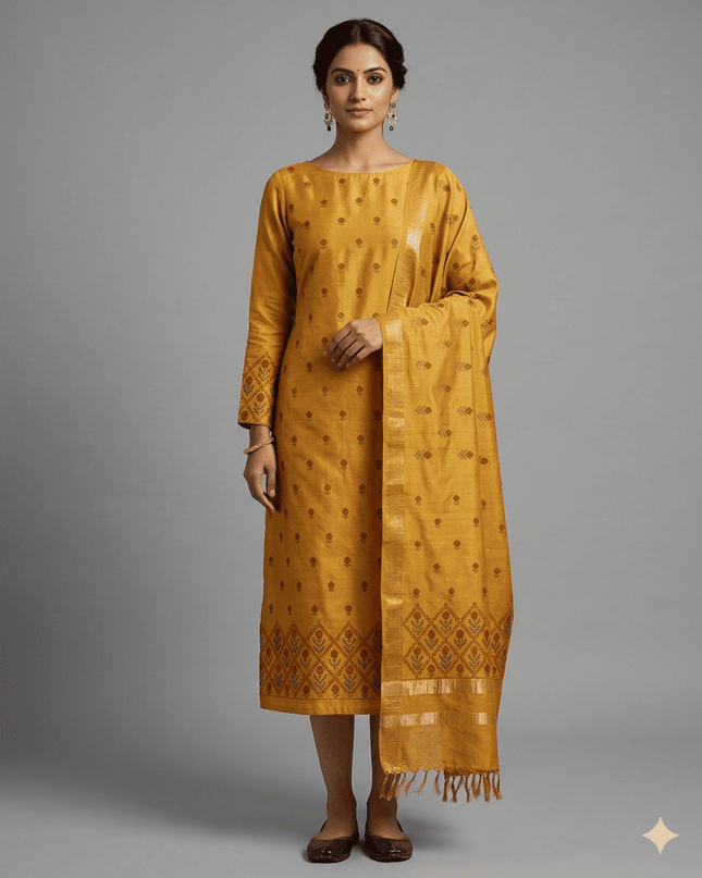 Mustard Yellow Pure Kosa Silk Kurti & Dupatta Set With Embroidered Border - Kanishk Silk