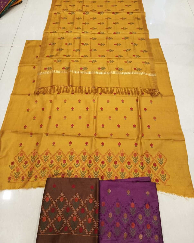 Mustard Yellow Pure Kosa Silk Kurti & Dupatta Set With Embroidered Border - Kanishk Silk