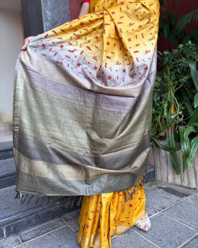 Mustard Yellow Pure Kosa Silk Saree With All Over Machine Embroidery (Silk Mark Certified) - Kanishk Silk