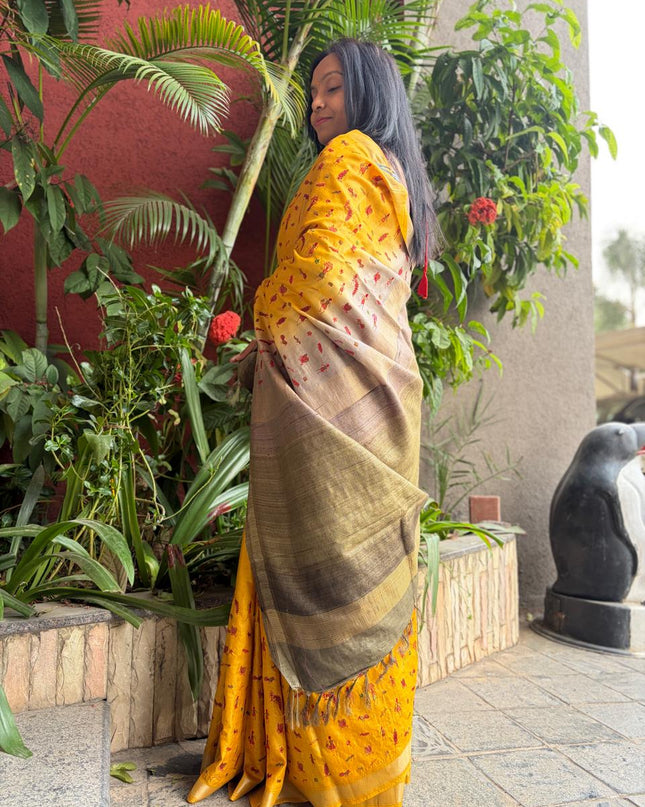 Mustard Yellow Pure Kosa Silk Saree With All Over Machine Embroidery (Silk Mark Certified) - Kanishk Silk
