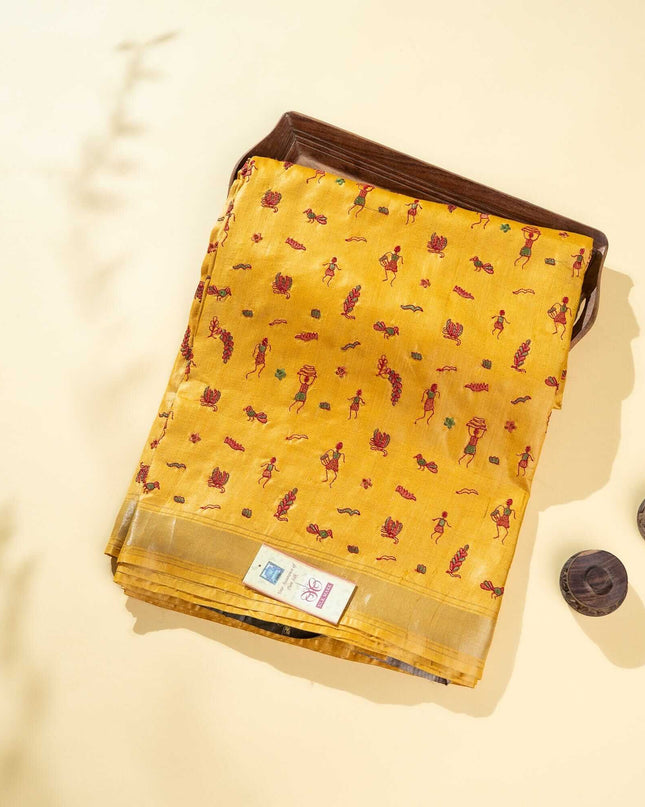 Mustard Yellow Pure Kosa Silk Saree With All Over Machine Embroidery (Silk Mark Certified) - Kanishk Silk