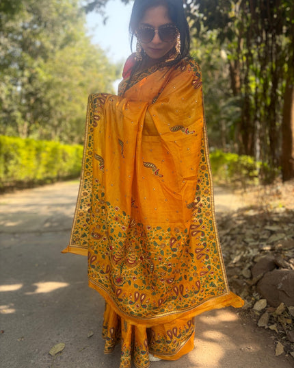 Mustard Yellow Pure Kosa Silk Saree With Machine Embroidered Border (Silk Mark Certified) - Kanishk Silk