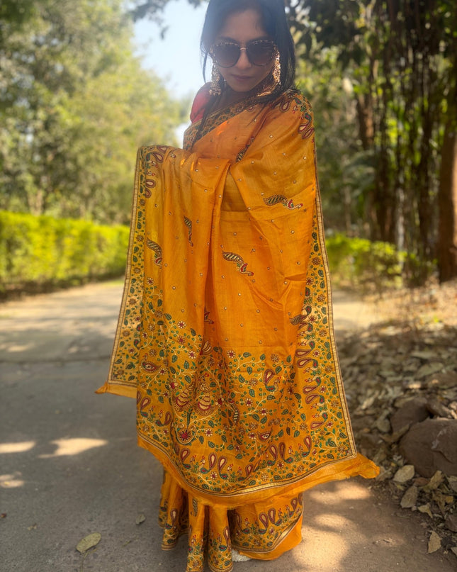 Mustard Yellow Pure Kosa Silk Saree With Machine Embroidered Border (Silk Mark Certified) - Kanishk Silk
