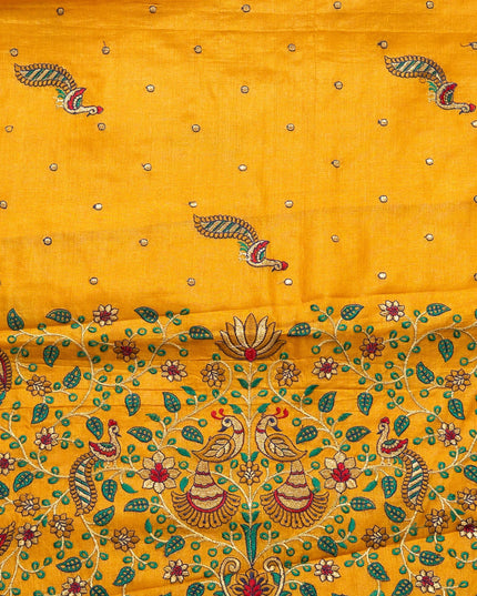 Mustard Yellow Pure Kosa Silk Saree With Machine Embroidered Border (Silk Mark Certified) - Kanishk Silk