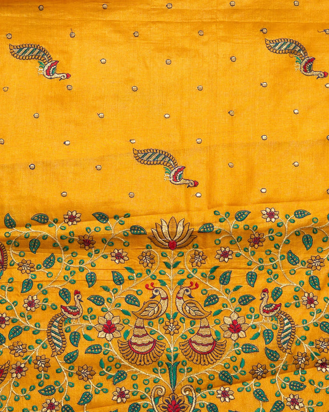 Mustard Yellow Pure Kosa Silk Saree With Machine Embroidered Border (Silk Mark Certified) - Kanishk Silk